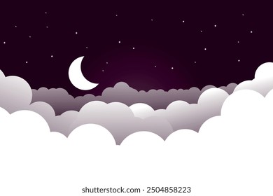 dunkelrosa Nacht, hellweiße Wolken, Mond und Sterne, Vektorgrafik