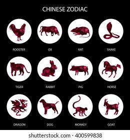 Dark pink Polygon Chinese zodiac signs icons set. Rat snake drag