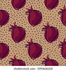 La grenade rose foncée se confond avec un motif harmonieux de gribouillage. Arrière-plan beige pointillé. Style simple. Arrière-plan décoratif pour la conception de tissu, impression textile, emballage, couverture. Illustration vectorielle.