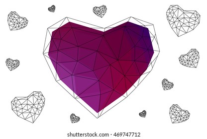 Dark pink, purple heart isolated on white background. Geometric rumpled triangular low poly origami style gradient graphic illustration. Vector polygonal design for your business.