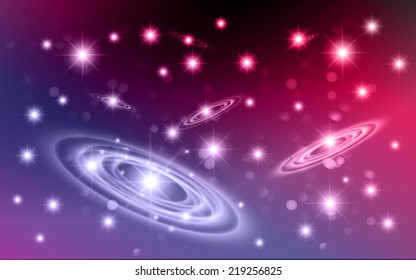 Dark pink purple sparkling background with stars in the sky and blurry lights, illustration. Abstract, Universe, Galaxies, ring. 