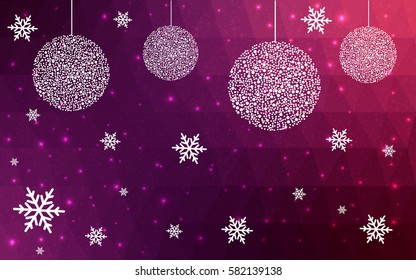 Dark Pink, Purple vector low poly crystal background with snowflakes. Polygon christmas design pattern . Low poly illustration of New Year celebration.