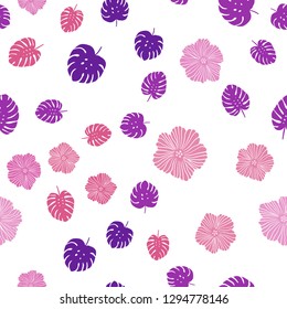 Dark Pink, Purple vector seamless doodle background with flowers, leaves. Leaves and flowers with gradient on white background. Design for textile, fabric, wallpapers.