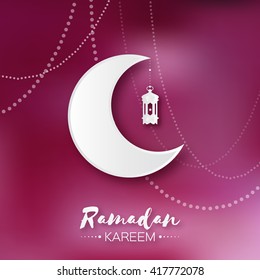 Dark pink Ramadan Kareem celebration greeting card. Hanging arabic lamp, star and crescent moon. Holy month of muslim. Symbol of Islam. Moon Ramadan. Vector illustration.