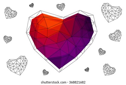 Dark pink, red heart isolated on white background. Geometric rumpled triangular low poly origami style gradient graphic illustration. Vector polygonal design for your business.
