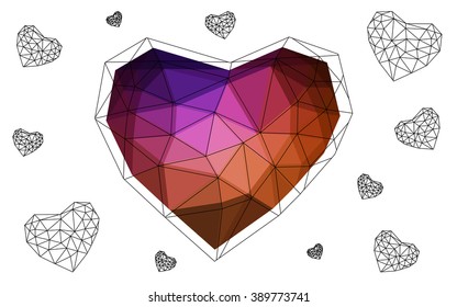 Dark pink, red heart isolated on white background. Geometric rumpled triangular low poly origami style gradient graphic illustration. Vector polygonal design for your business.