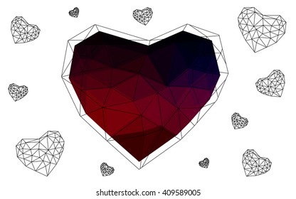 Dark pink, red heart isolated on white background. Geometric rumpled triangular low poly origami style gradient graphic illustration. Vector polygonal design for your business.