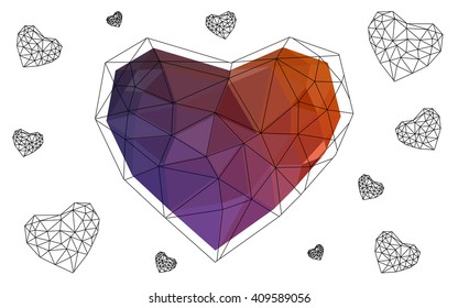 Dark pink, red heart isolated on white background. Geometric rumpled triangular low poly origami style gradient graphic illustration. Vector polygonal design for your business.
