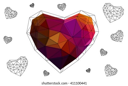 Dark pink, red heart isolated on white background. Geometric rumpled triangular low poly origami style gradient graphic illustration. Vector polygonal design for your business.