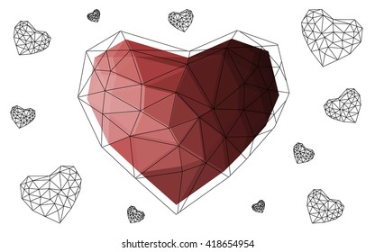 Dark pink, red heart isolated on white background. Geometric rumpled triangular low poly origami style gradient graphic illustration. Vector polygonal design for your business.