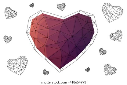 Dark pink, red heart isolated on white background. Geometric rumpled triangular low poly origami style gradient graphic illustration. Vector polygonal design for your business.