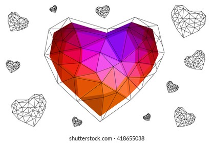 Dark pink, red heart isolated on white background. Geometric rumpled triangular low poly origami style gradient graphic illustration. Vector polygonal design for your business.