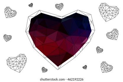 Dark pink, red heart isolated on white background. Geometric rumpled triangular low poly origami style gradient graphic illustration. Vector polygonal design for your business.