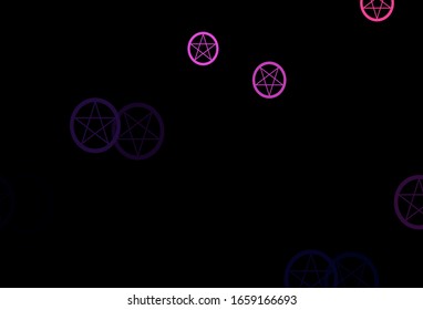 Dark Pink, Red vector backdrop with mystery symbols. Colorful vintage illustration with gradient alchemy shapes. Simple design for occult depiction.