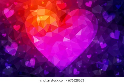 Dark Pink, Red vector greeting Card Happy Valentine's Day. Lettering with hearts on the white polygonal background. Colored triangular illustration for your business.