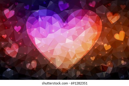 Dark Pink, Red vector greeting Card Happy Valentine's Day. Lettering with hearts on the white polygonal background. Colored triangular illustration for your business.