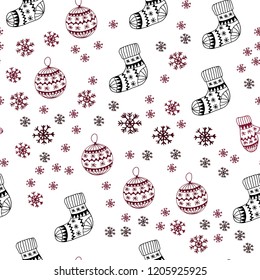 Dark Pink, Red vector seamless template with ice snowflakes, balls, socks, mittens. Colorful illustration with xmas symbols. Texture for window blinds, curtains.