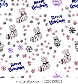Dark Pink, Red vector seamless background with xmas snowflakes, balls, socks, mittens. Glitter abstract illustration with gradient. Design for wallpaper, fabric makers.