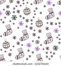 Dark Pink, Red vector seamless layout with bright snowflakes, balls, socks, mittens. Glitter abstract illustration with gradient. Texture for window blinds, curtains.
