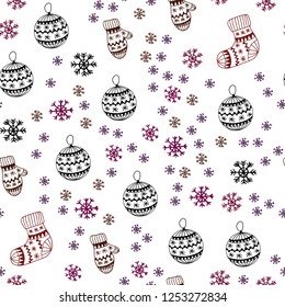 Dark Pink, Red vector seamless pattern with christmas snowflakes, balls, socks, mittens. Modern geometric abstract illustration. Pattern for trendy fabric, wallpapers.
