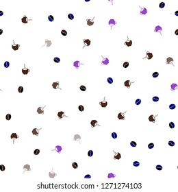 Dark Pink, Red vector seamless background with coffee, beans. Gradient abstract collection of coffee cups and beans. Doodle design for your business advert of cafes.