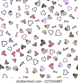 Dark Pink, Red vector seamless background with words of love, hearts. Illustration with words of love, hearts in abstract style. Pattern for design of fabric, wallpapers.