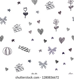 Dark Pink, Red vector seamless backdrop in holiday style. Shining illustration with aheart, baloon, candy, gift, star, ribbon. Pattern for new year ads.