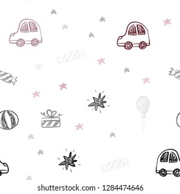 Dark Pink, Red vector seamless background in xmas style. Colorful illustration with a toy car, baloon, candy, star, ball. Template for new year postcards.