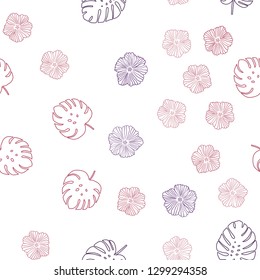 Dark Pink, Red vector seamless natural backdrop with flowers, leaves. Leaves, flowers in natural style on white background. Template for business cards, websites.