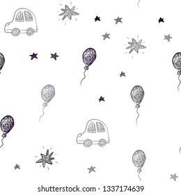 Dark Pink, Red vector seamless texture in birthday style. Illustration with a colorful toy car, baloon, candy, star, ball. Design for holiday adverts.