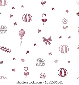 Dark Pink, Red vector seamless backdrop in holiday style. Abstract illustration with aheart, baloon, candy, gift, star, ribbon. Design for holiday adverts.