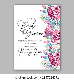 Dark Pink Rose wedding invitation watercolor vector illustration template card