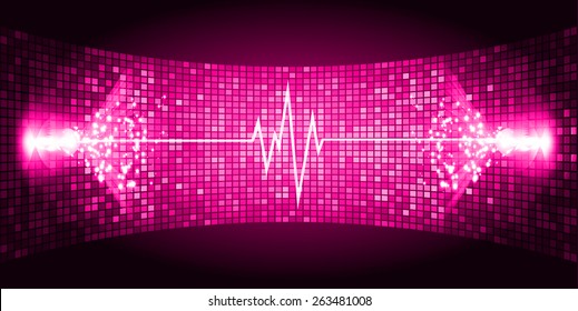 Dark Pink Sound wave background suitable as a backdrop for music, technology and sound projects. Blue Heart pulse monitor with signal. Heart beat.