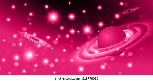 Dark pink sparkling background with stars in the sky and blurry lights, illustration. Abstract, Universe, Galaxies, ring. 