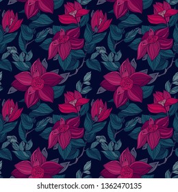 Dark pink, turquoise and blue seamless vintage floral pattern