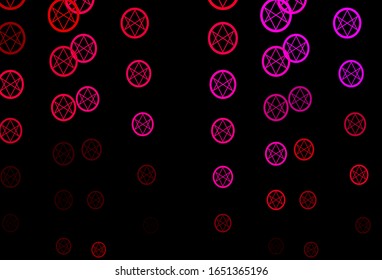 Dark Pink vector backdrop with mystery symbols. Colorful vintage illustration with gradient alchemy shapes. Background for esoteric, mystic designs.