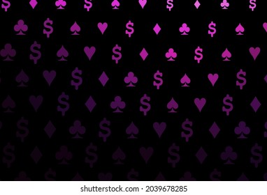Dark pink vector background with cards signs. Glitter abstract sketch with isolated symbols of playing cards. Template for business cards of casinos.