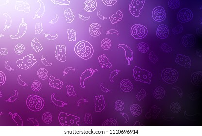 Dark Pink vector background with tasty food. Fast Food on blurred abstract background with colorful gradient. Pattern for menu of cafes, bars, restaurants.