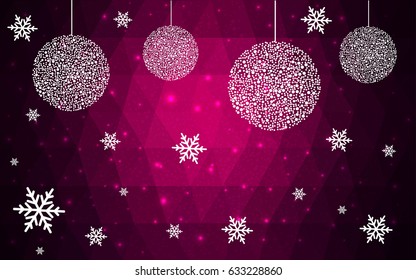 Dark pink vector christmas polygon background. Low poly Illustration consisting of triangles with snowflakes. Texture background of New Year celebration.