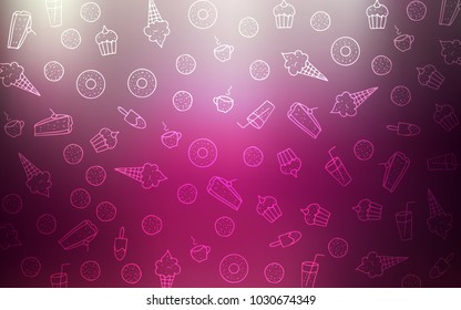 Dark Pink vector cover with set of confections. Confections on blurred abstract background with colorful gradient. Doodle design for your business advert of cafes.