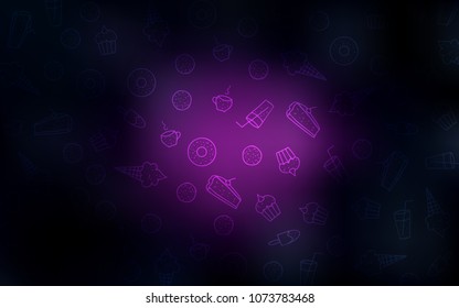 Dark Pink vector cover with set of confections. Blurred decorative design of desserts in doodle style. Template of children's food in cafe.