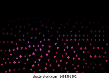 Dark Pink vector cover with symbols of gamble. Illustration with set of hearts, spades, clubs, diamonds. Template for business cards of casinos.