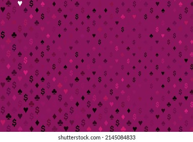 Dark pink vector cover with symbols of gamble. Glitter abstract sketch with isolated symbols of playing cards. Smart design for your business advert of casinos.