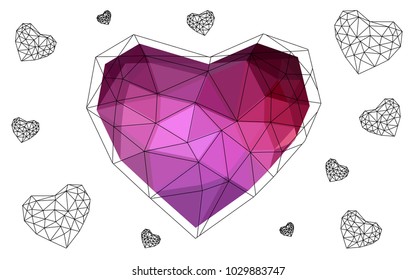 Dark Pink vector greeting Card Happy Valentine's Day. Lettering with hearts on the white polygonal background. Colored triangular illustration for your business.