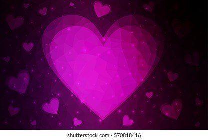 Dark Pink vector greeting Card Happy Valentine's Day. Lettering with hearts on the white polygonal background. Colored triangular illustration for your business.