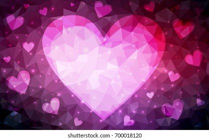 Dark Pink vector greeting Card Happy Valentine's Day. Lettering with hearts on the white polygonal background. Colored triangular illustration for your business.