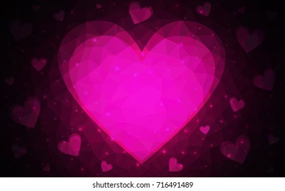Dark Pink vector greeting Card Happy Valentine's Day. Lettering with hearts on the white polygonal background. Colored triangular illustration for your business.