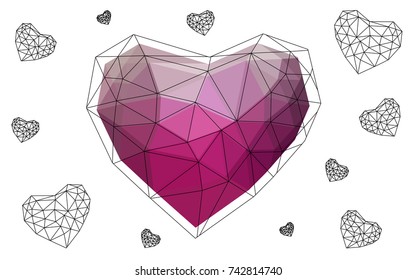 Dark Pink vector heart isolated on white background. Geometric rumpled triangular low poly origami style gradient graphic illustration. Polygonal design for your business.