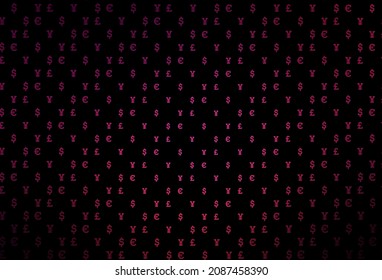 Diseño de vector rosa oscuro con símbolos bancarios. Símbolos coloreados de todas las divisas sobre fondo blanco. El patrón se puede usar como anuncios, afiches, banner para pagos.