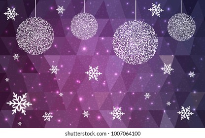 Dark Pink vector low poly crystal background with snowflakes. Polygon christmas design pattern . Low poly illustration of New Year celebration.